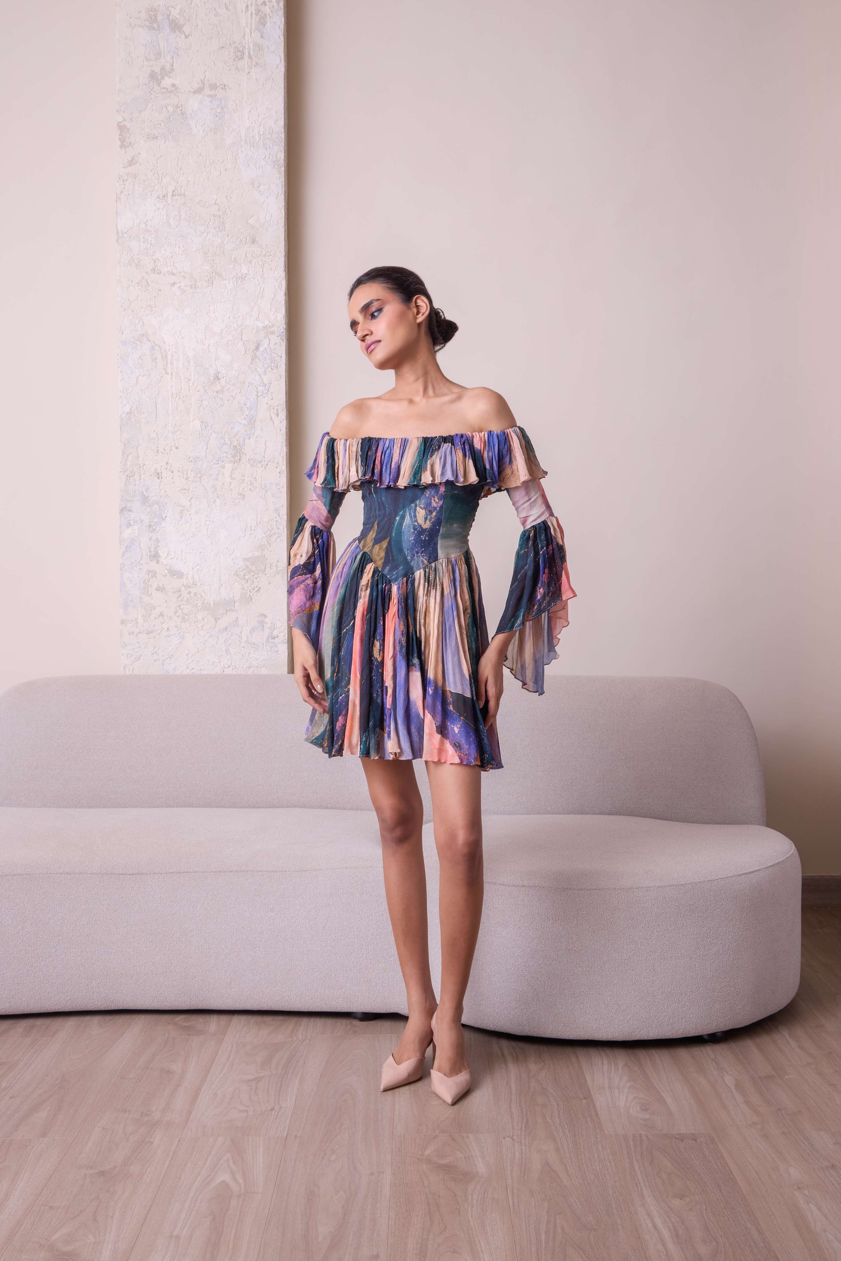 Cosmic off-shoulder bell-sleeve short dress by Simor, featuring a stylish off-shoulder neckline and bell sleeves, perfect for summer.