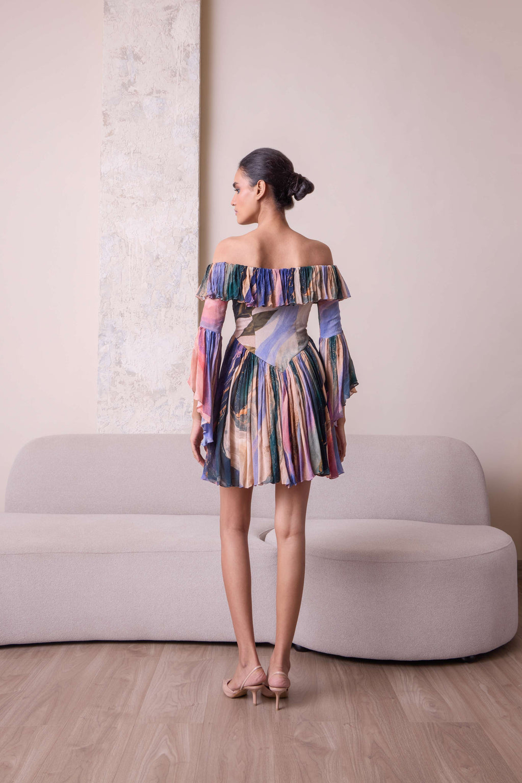 Simor cosmic off-shoulder bell-sleeve short dress featuring a stylish design and flowing silhouette, perfect for casual or party wear.