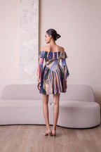 Simor cosmic off-shoulder bell-sleeve short dress featuring a stylish design and flowing silhouette, perfect for casual or party wear.