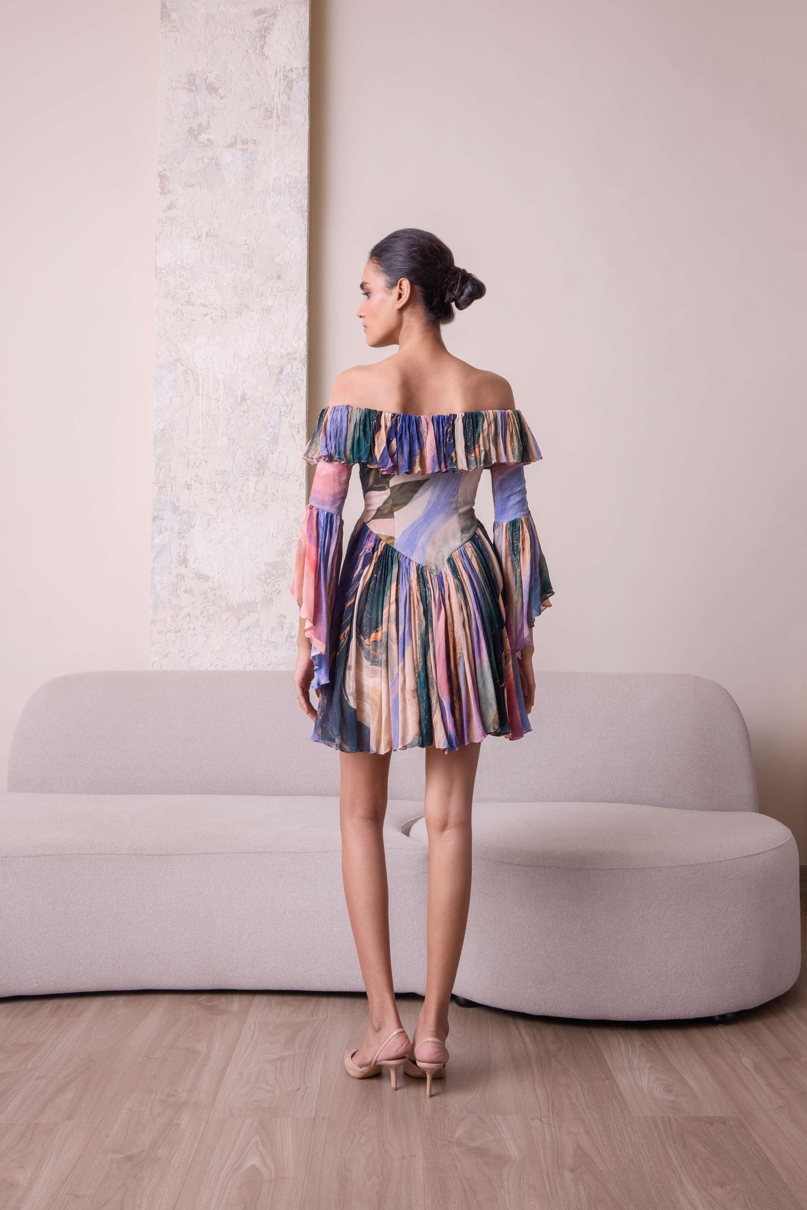 Simor cosmic off-shoulder bell-sleeve short dress featuring a stylish design and flowing silhouette, perfect for casual or party wear.