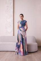Celestial waist-draped gown by Simor featuring flowing fabric and elegant design, perfect for formal occasions.