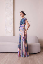 Celestial Waist-Draped Gown by Simor featuring flowing fabric and elegant design, perfect for formal occasions.