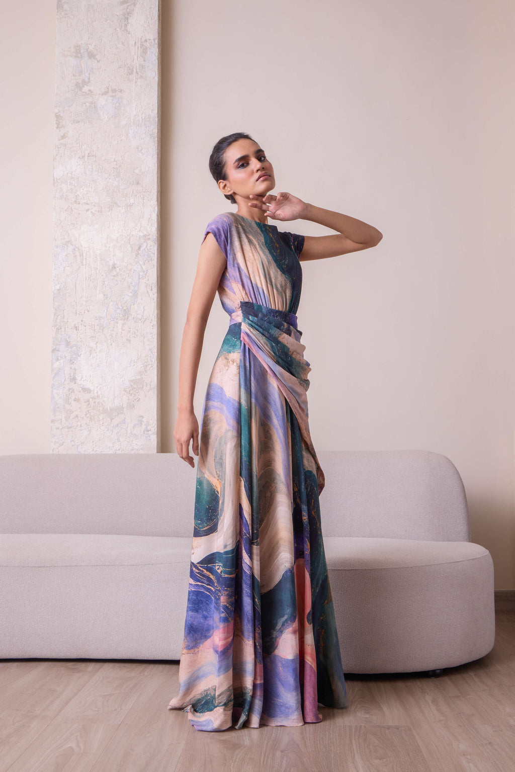 Celestial Waist-Draped Gown by Simor, elegant evening dress with flowing fabric and intricate waist draping, ideal for formal occasions.