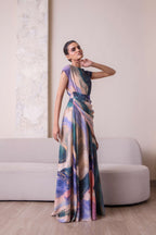 Celestial Waist-Draped Gown by Simor, elegant evening dress with flowing fabric and intricate waist draping, ideal for formal occasions.