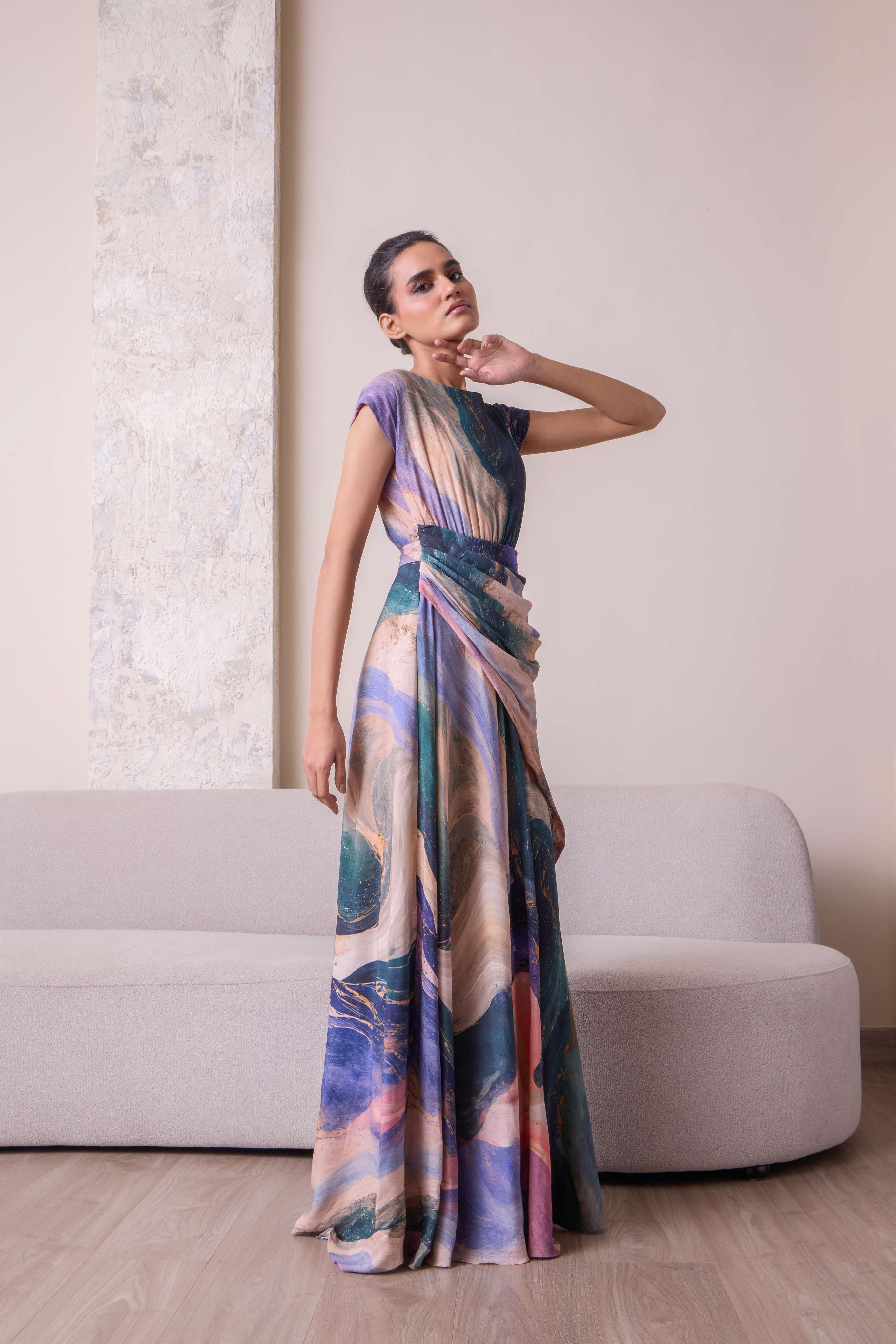 Celestial Waist-Draped Gown by Simor, elegant evening dress with flowing fabric and intricate waist draping, ideal for formal occasions.