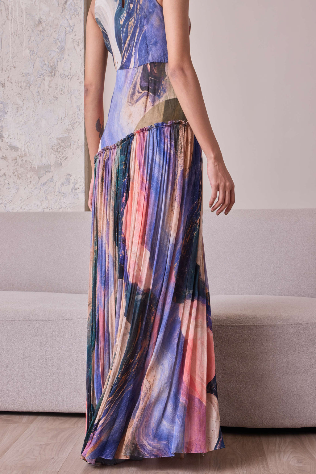 Abstract canvas maxi dress by Simor featuring flowing fabric and a stylish, artistic design perfect for casual or dressy occasions.