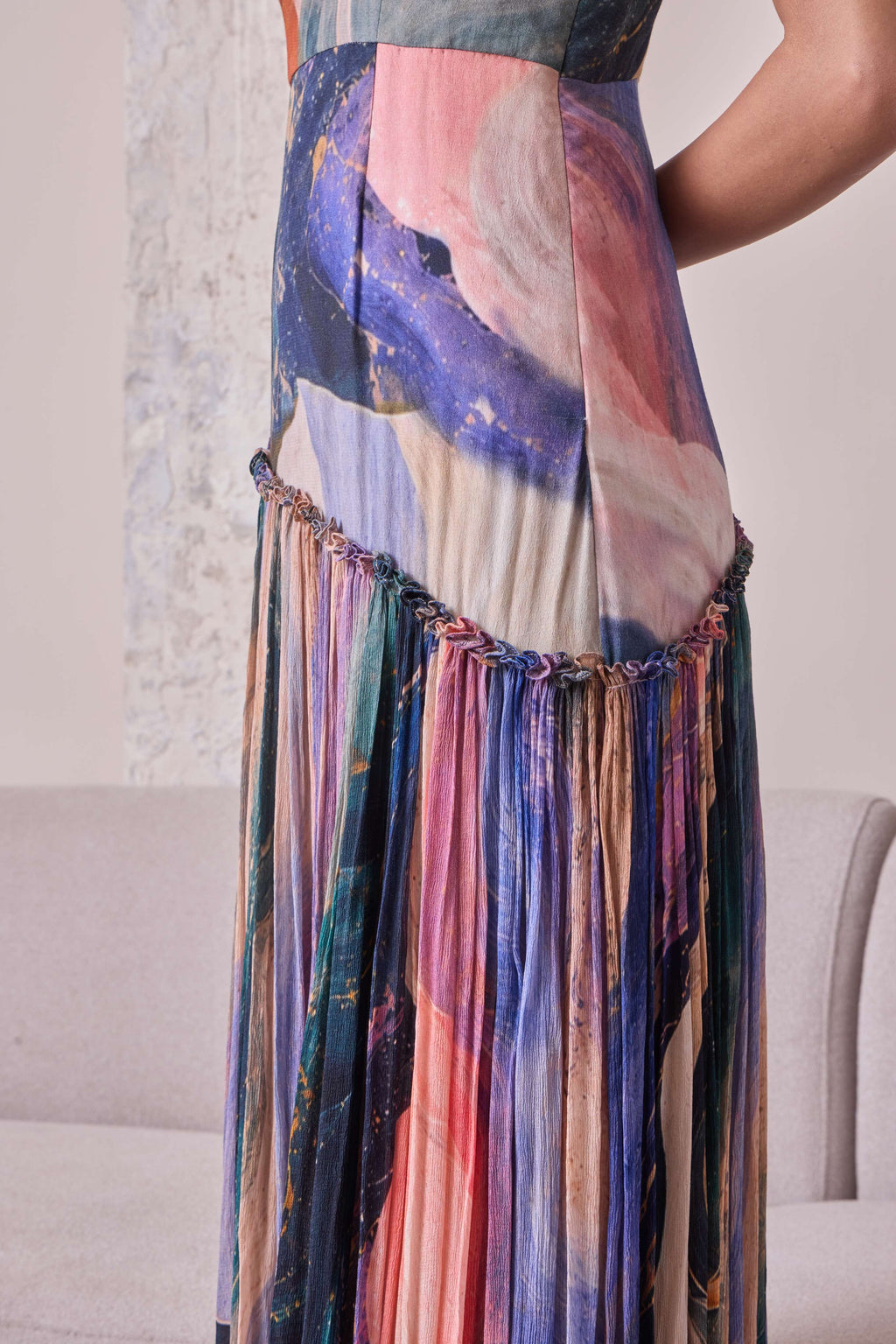 Abstract print maxi dress by Simor featuring a flowing silhouette and vibrant colors, perfect for casual or summer wear.
