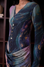Simor cosmic short dress with draped design and long sleeves, stylish and modern for casual or evening wear.