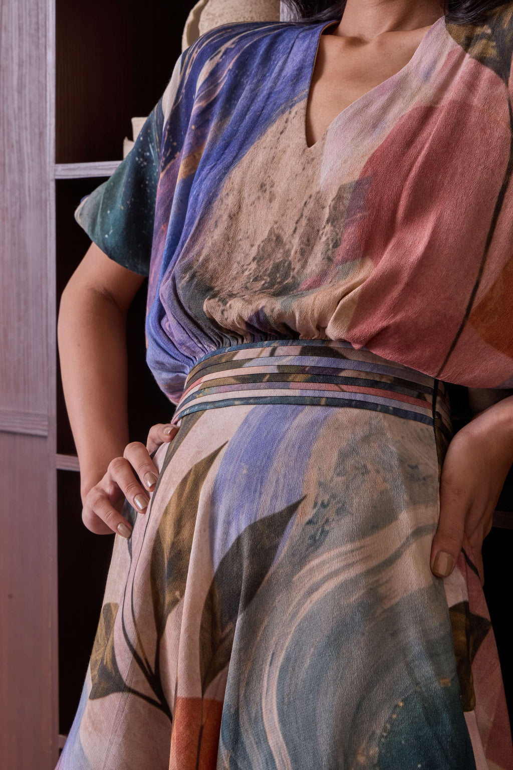 Simor botanical V-neck kimono short dress with floral pattern and flowing fabric, perfect for casual or summer wear.
