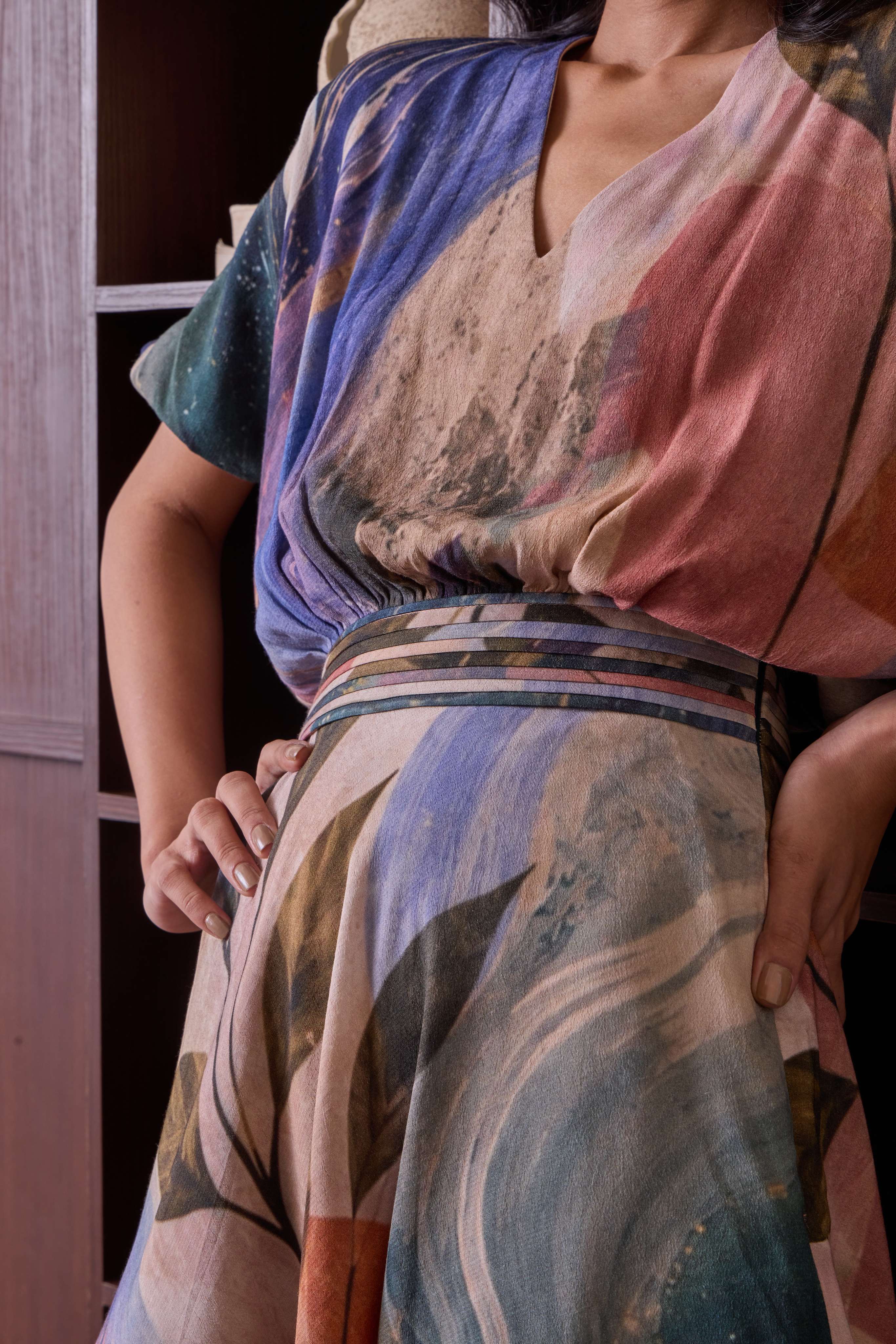 Simor botanical V-neck kimono short dress with floral pattern and flowing fabric, perfect for casual or summer wear.