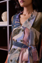 Simor celestial double-breasted shirt co-ord set featuring a coordinated top and matching pants with celestial print details.