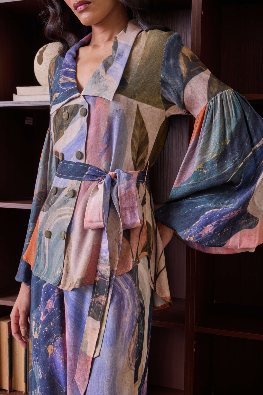 Simor Celestial double-breasted shirt co-ord set featuring a celestial print, collared top and matching high-waisted pants.