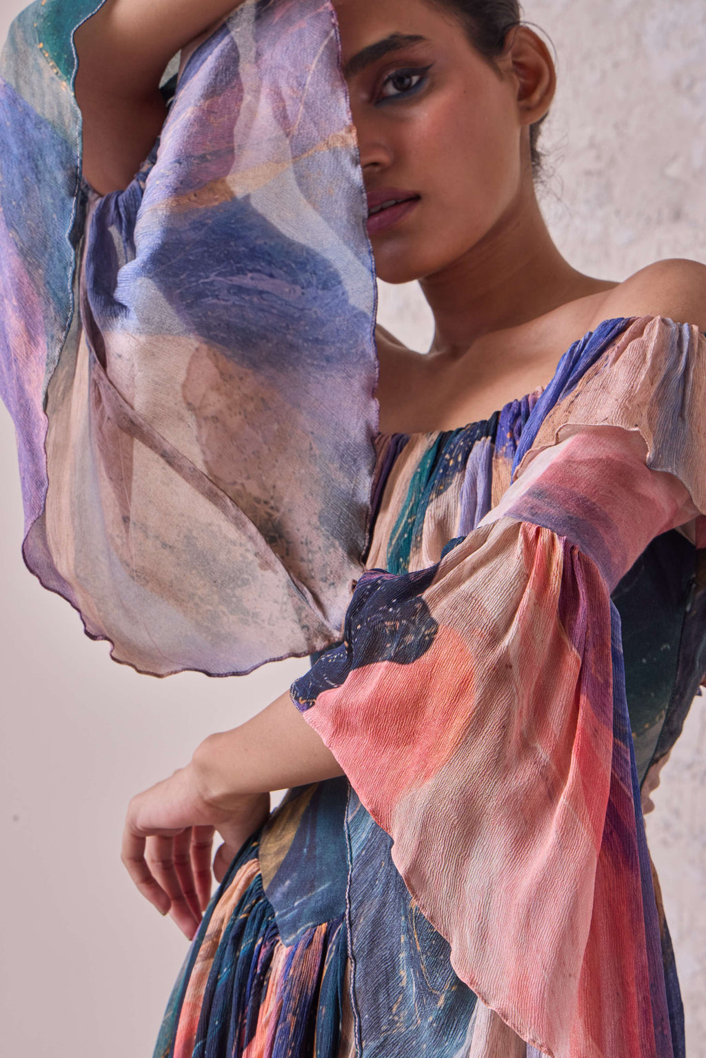 Simor cosmic off-shoulder bell-sleeve short dress displayed on a hanger, featuring a stylish and trendy design.
