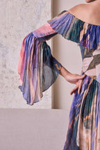 Simor cosmic off-shoulder bell-sleeve short dress displayed on a hanger with a fitted silhouette and vibrant pattern.