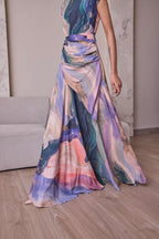 Celestial waist-draped gown by Simor, elegant evening dress with flowing fabric and intricate design, perfect for formal occasions.