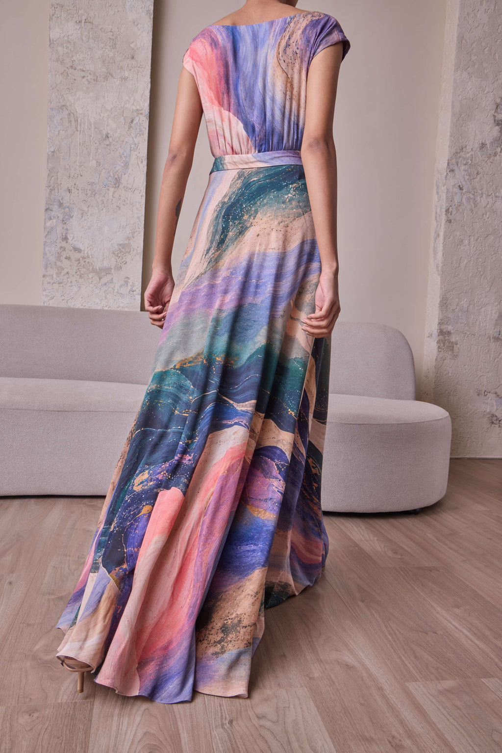 Celestial Waist-Draped Gown by Simor, elegant evening dress with flowing fabric and intricate waist detail, perfect for formal occasions.