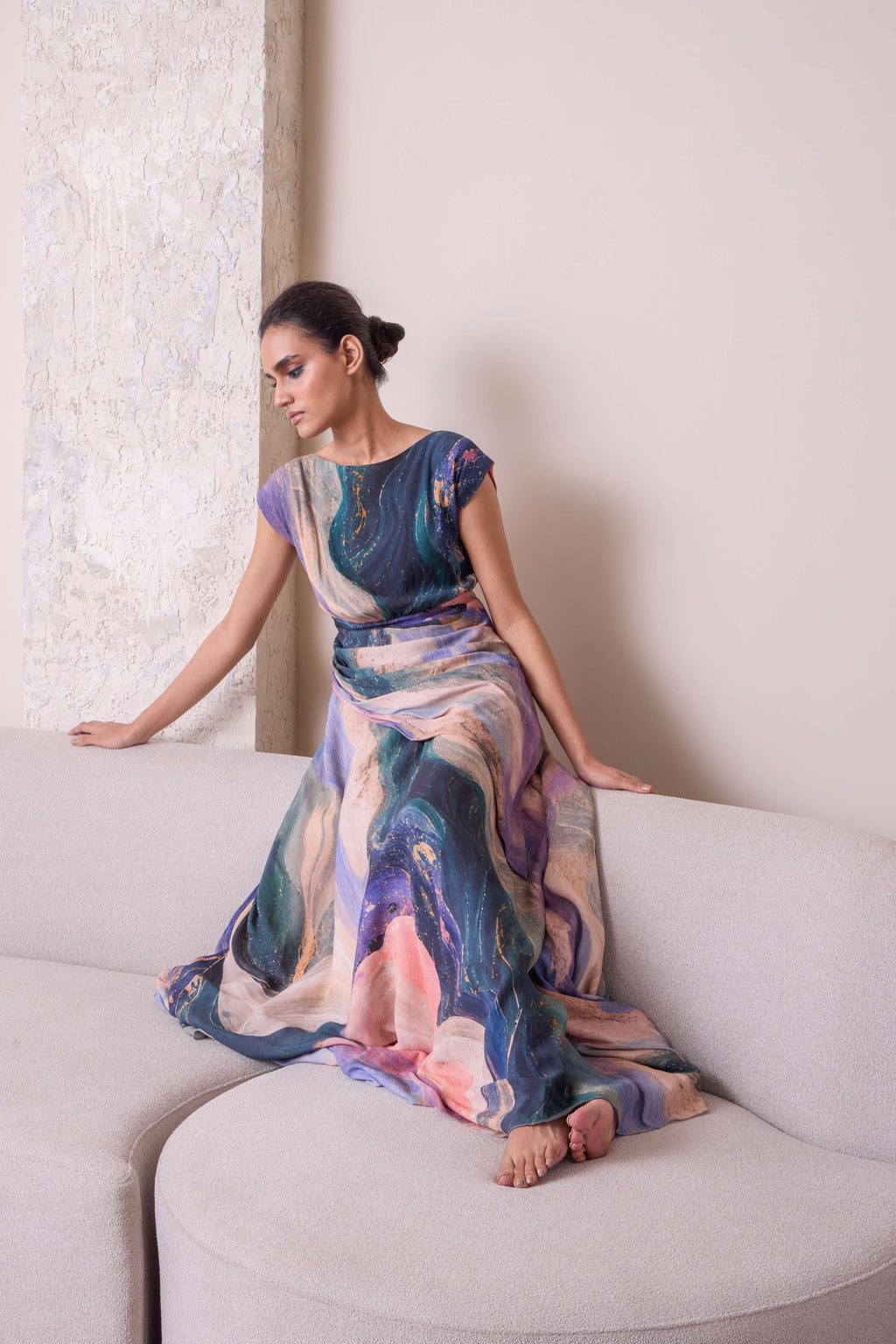 Celestial waist-draped gown by Simor, elegant evening dress with flowing fabric and intricate design perfect for formal occasions.
