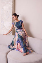 Celestial waist-draped gown by Simor, elegant evening dress with flowing fabric and intricate design perfect for formal occasions.