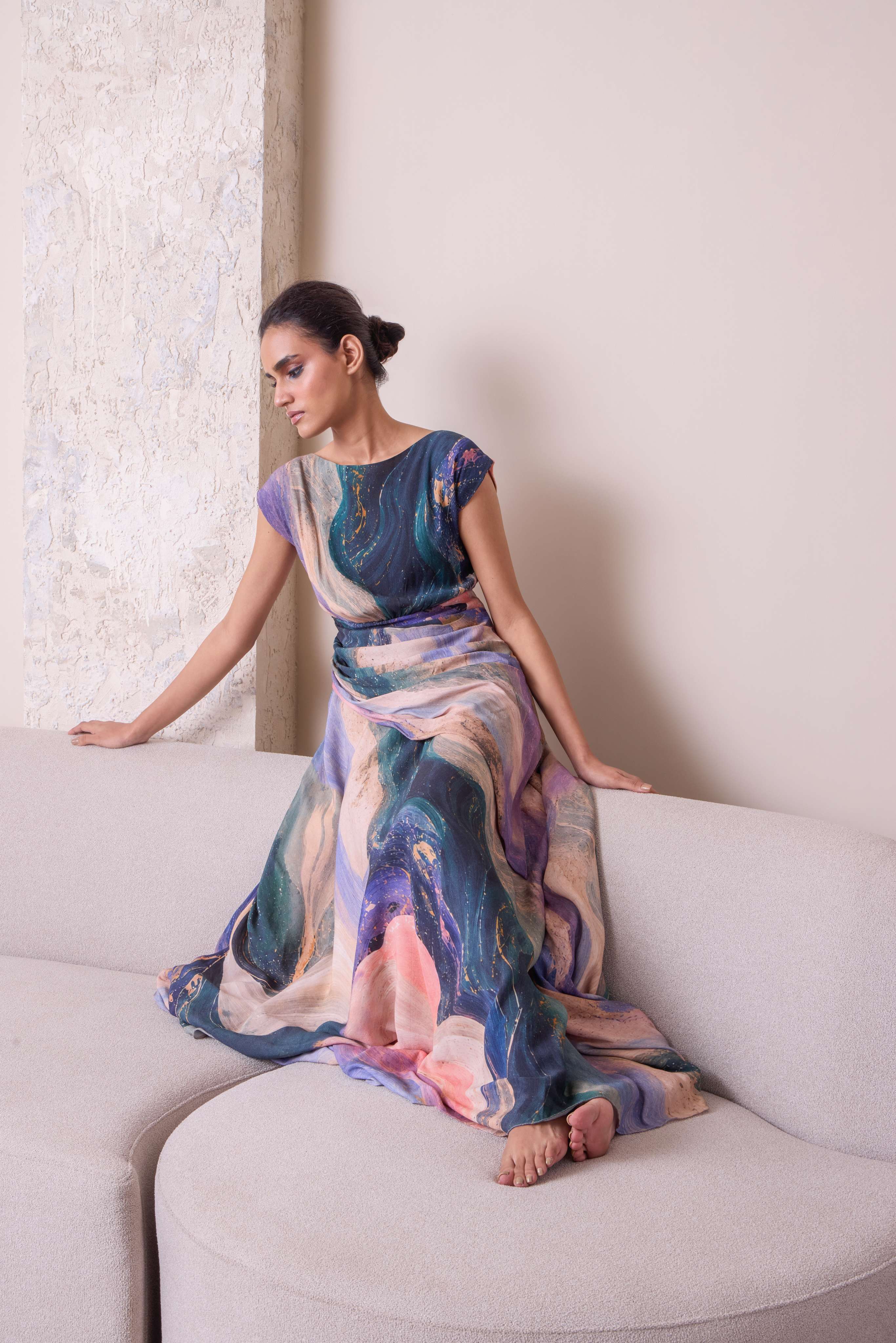 Celestial waist-draped gown by Simor, elegant evening dress with flowing fabric and intricate design perfect for formal occasions.