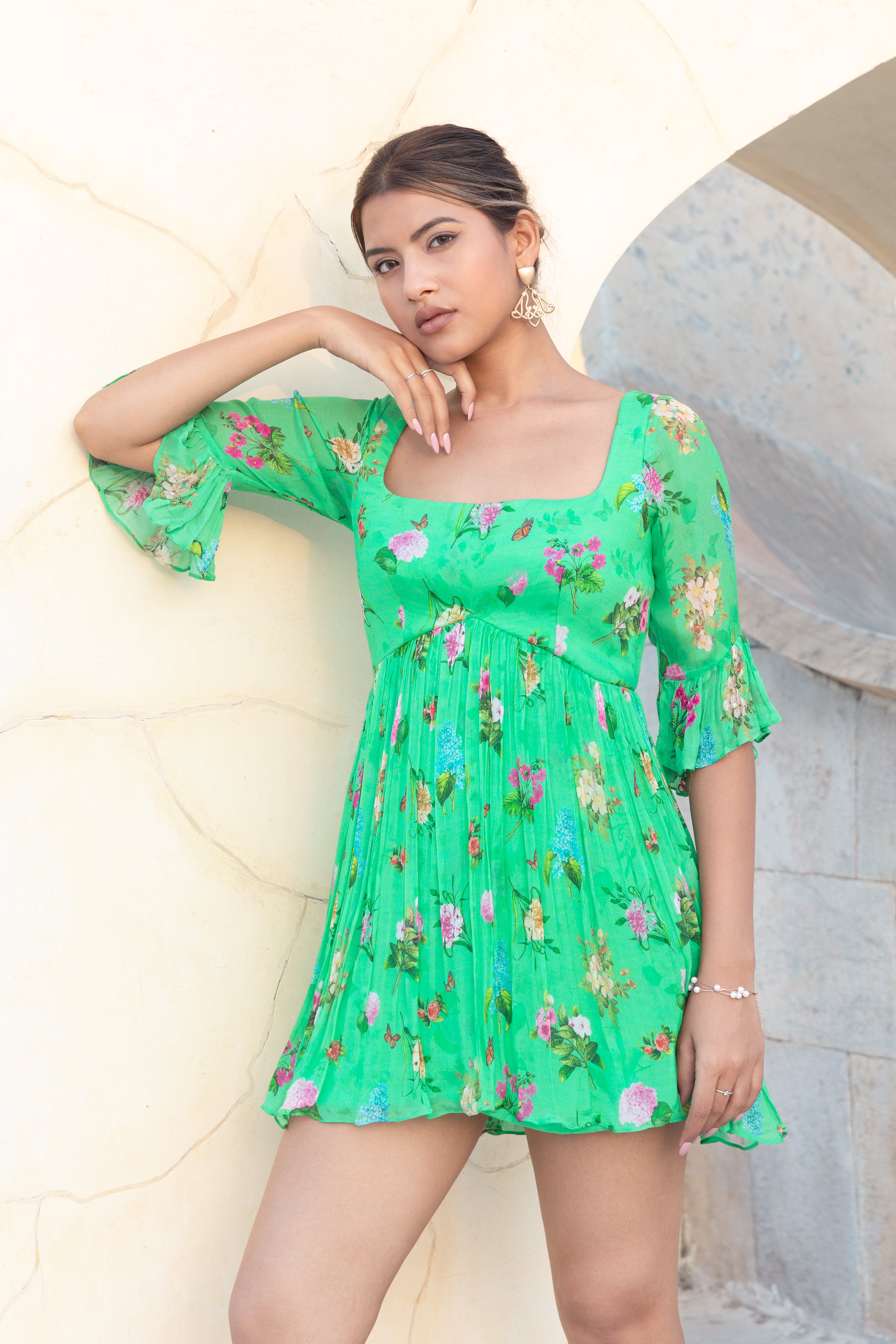 Green Printed Short Dress